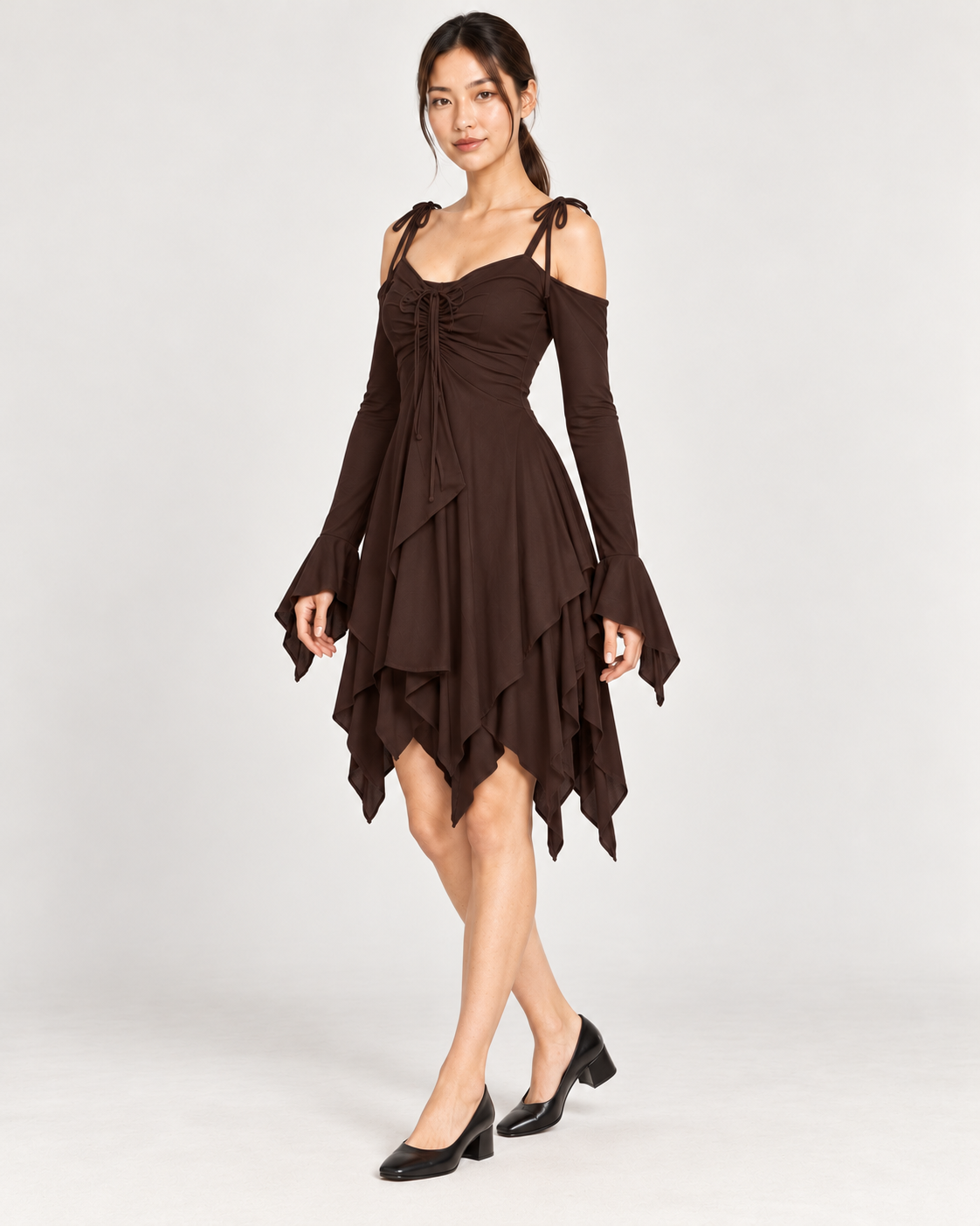 Women's Cold-Shoulder Asymmetric-Hem Dress - Brown - three-quarter front
