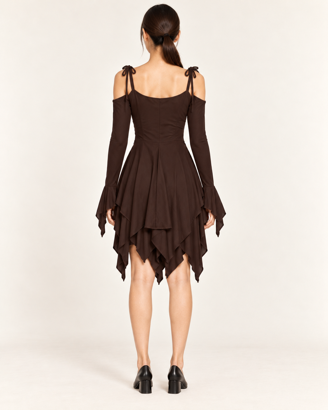 Women's Cold-Shoulder Asymmetric-Hem Dress - Brown - full back view
