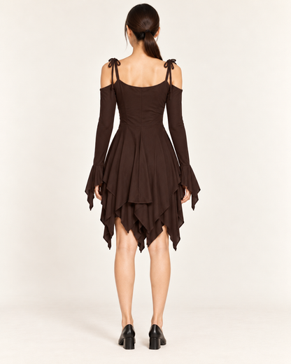 Women's Cold-Shoulder Asymmetric-Hem Dress - Brown - full back view