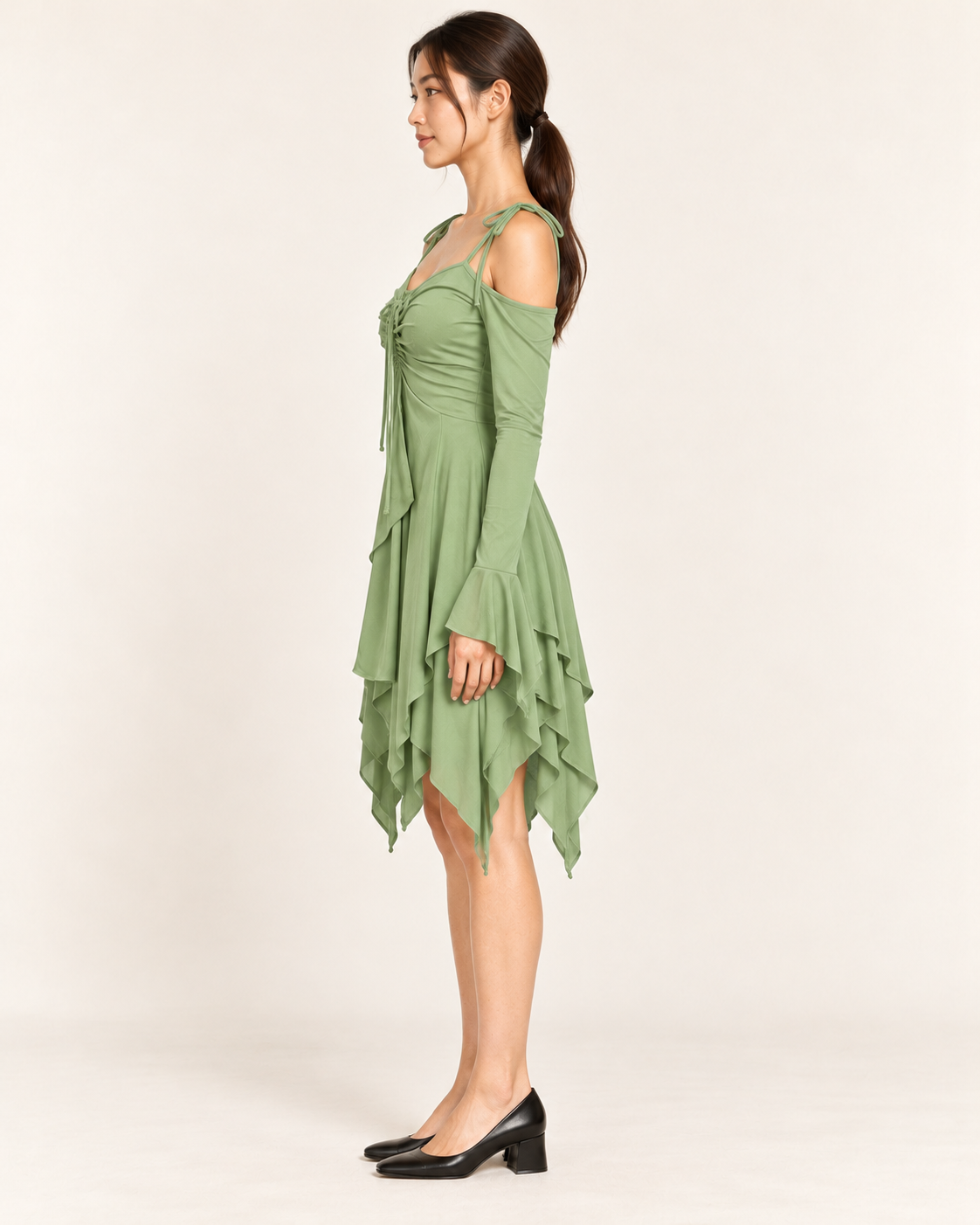 Women's Cold-Shoulder Asymmetric-Hem Dress - Green - side profile