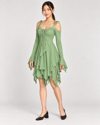 Women's Cold-Shoulder Asymmetric-Hem Dress - Green - three-quarter front