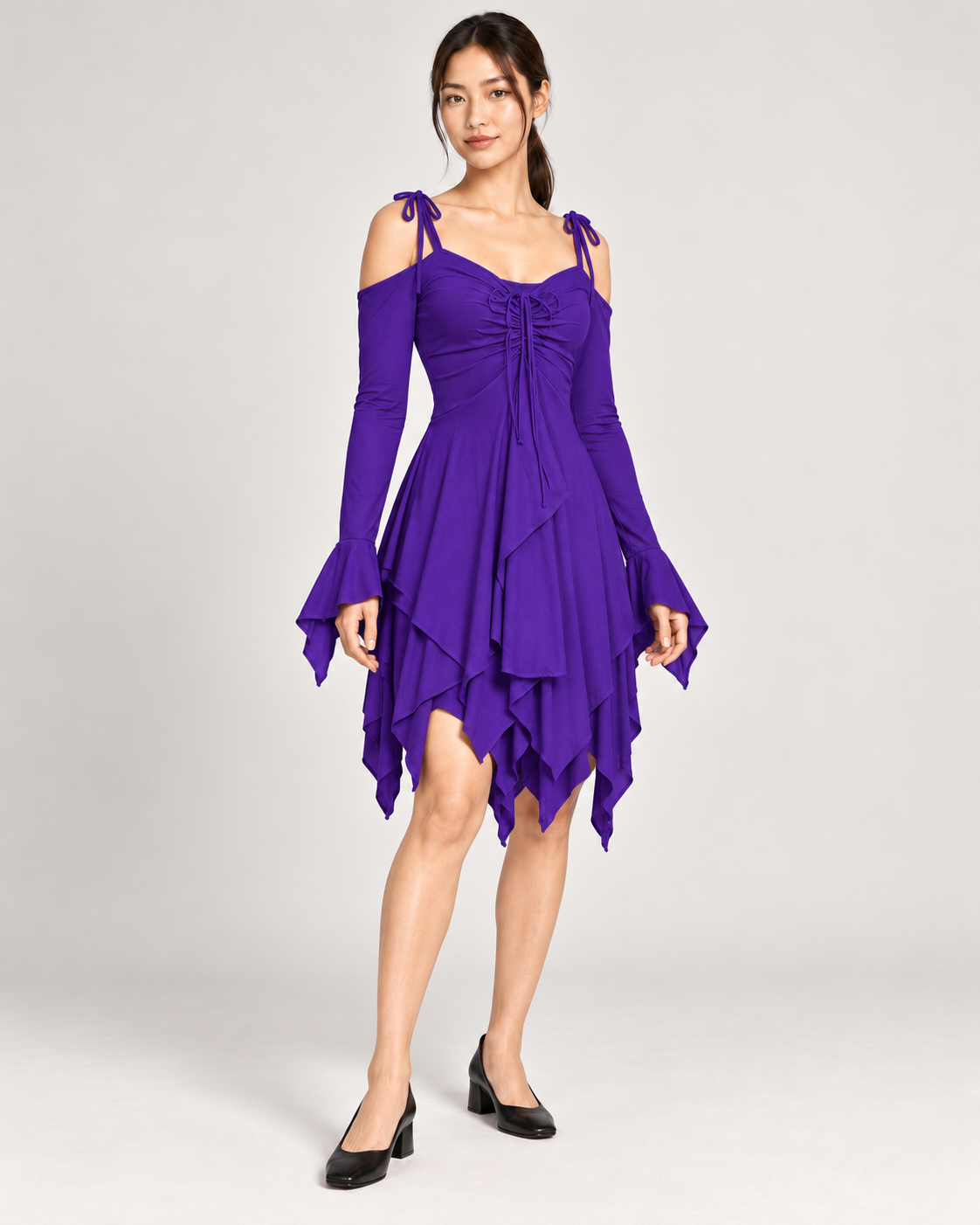 Women's Cold-Shoulder Asymmetric-Hem Dress - Purple - three-quarter front