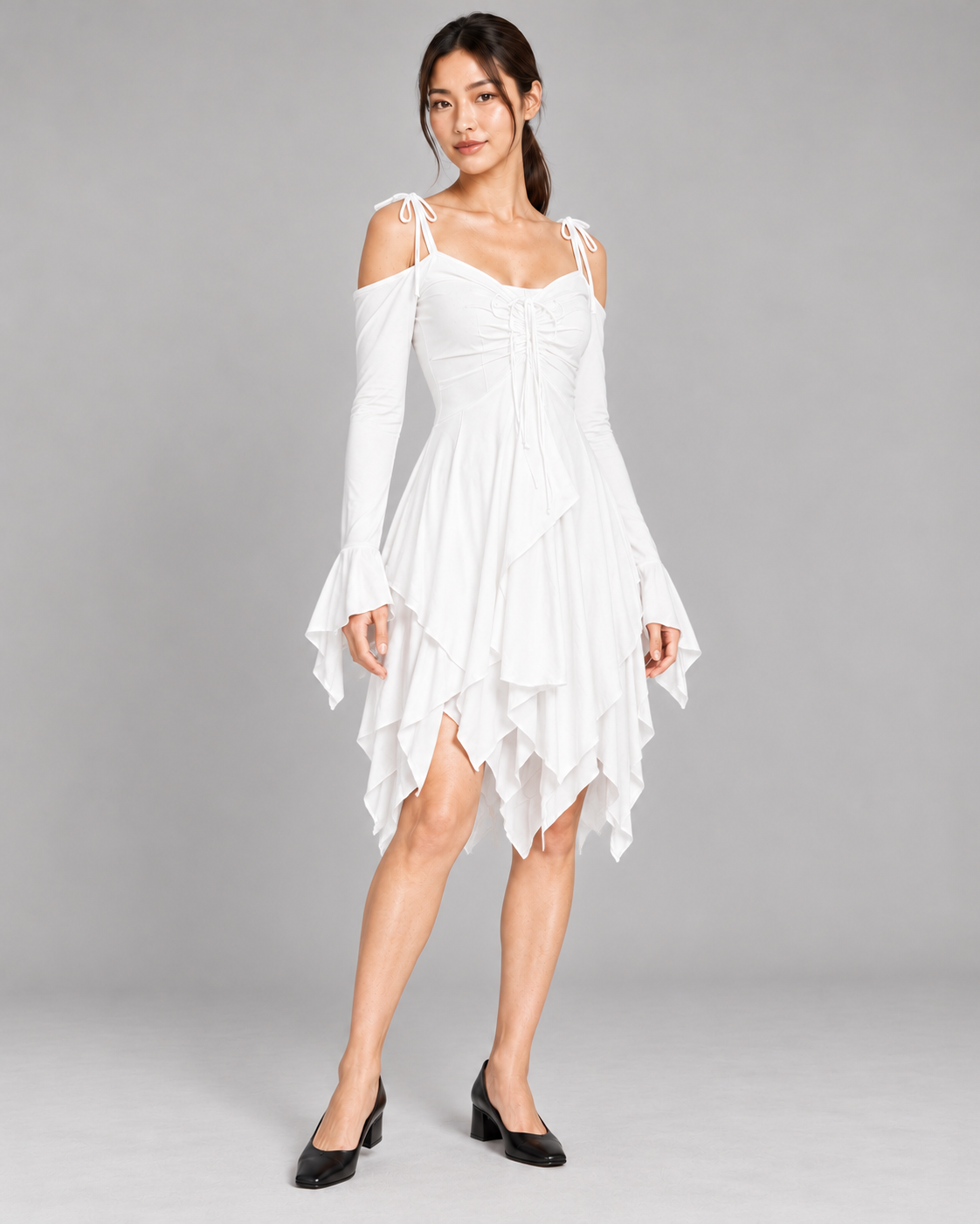 Women's Cold-Shoulder Asymmetric-Hem Dress - White - three-quarter front