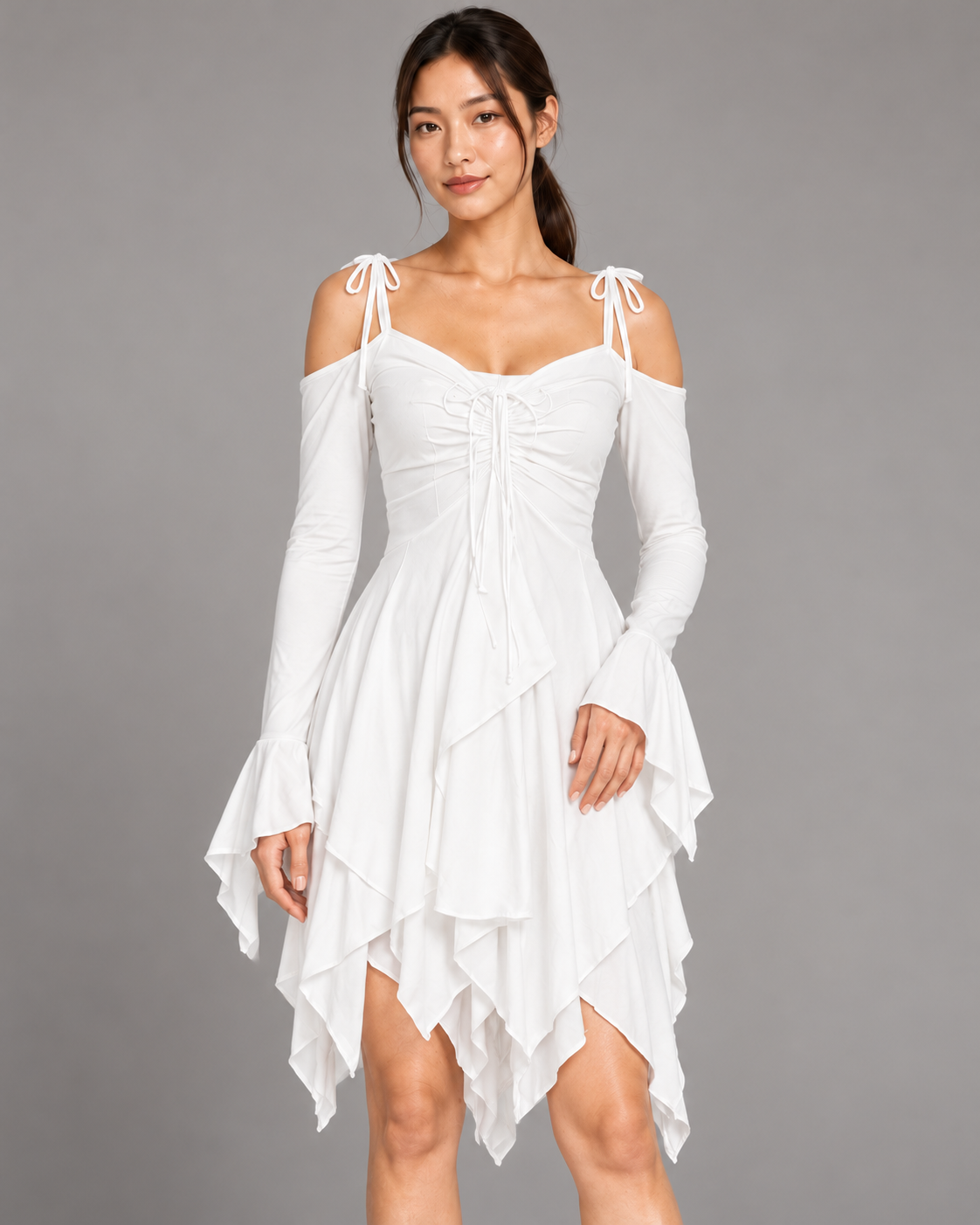 Women's Cold-Shoulder Asymmetric-Hem Dress - White - garment detail
