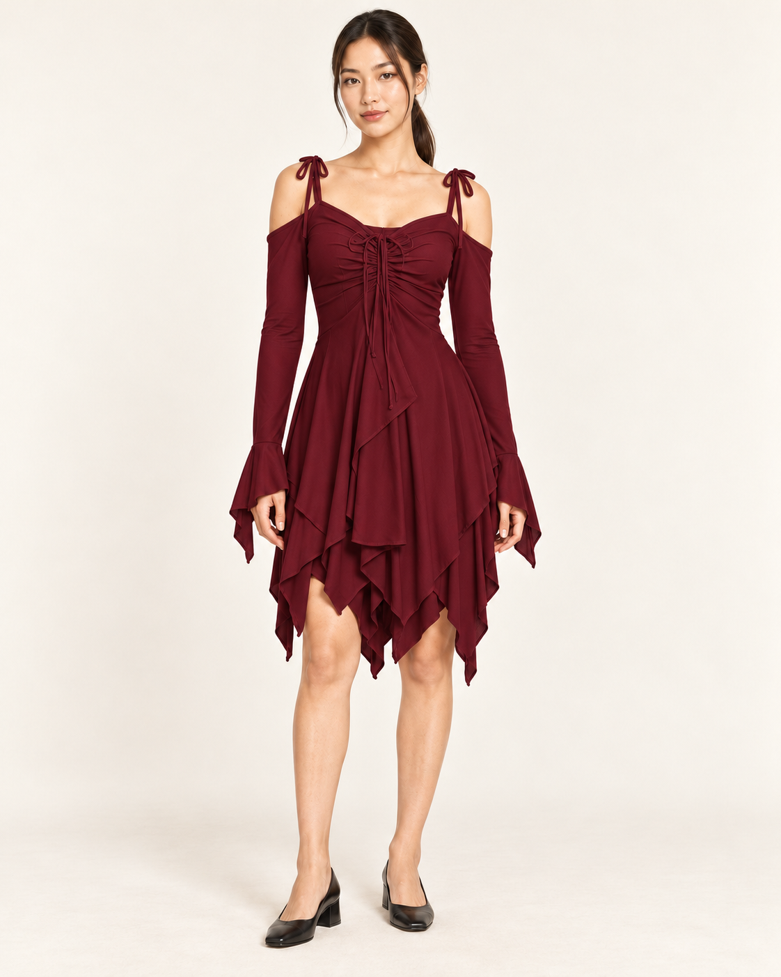 Women's Cold-Shoulder Asymmetric-Hem Dress - Wine Red - front hero