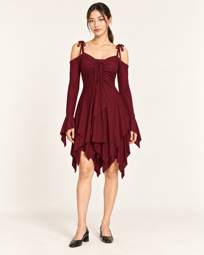 Women's Cold-Shoulder Asymmetric-Hem Dress - Wine Red - front hero