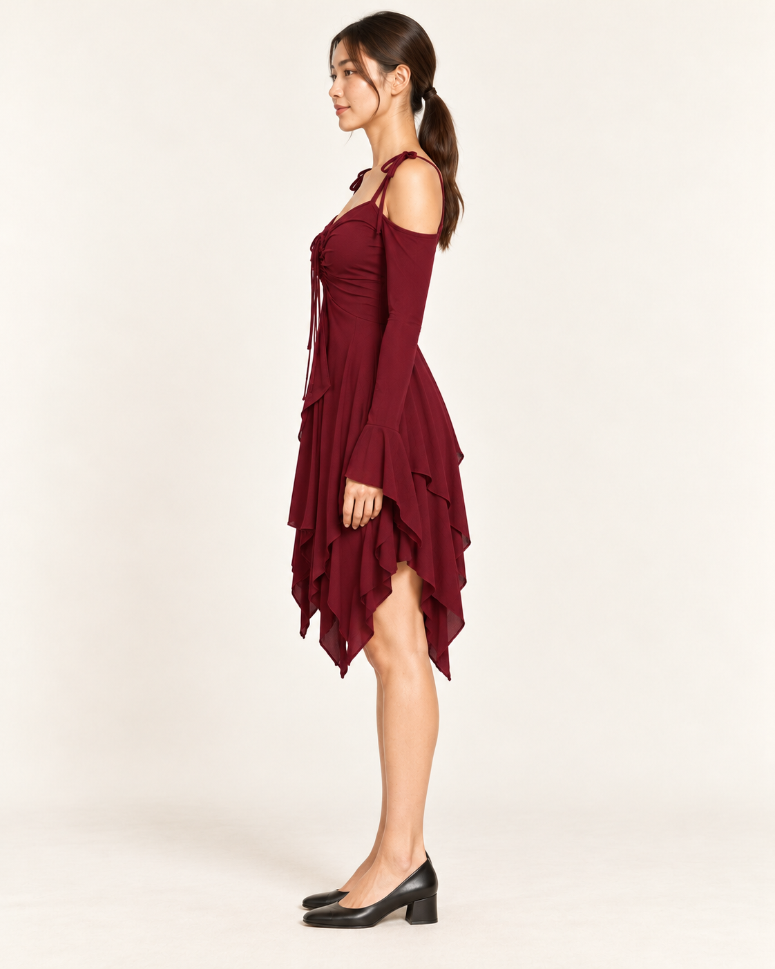 Women's Cold-Shoulder Asymmetric-Hem Dress - Wine Red - side profile