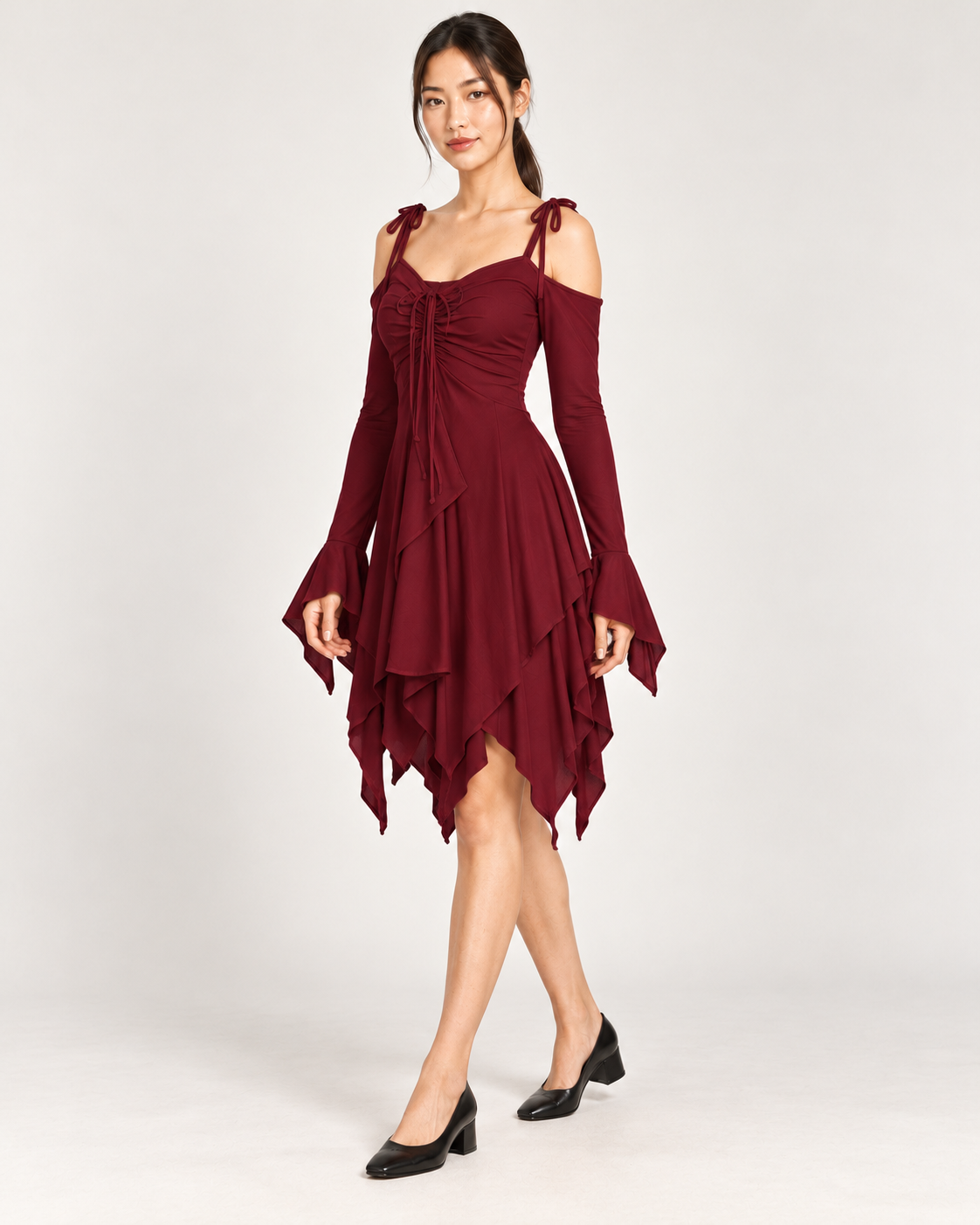 Women's Cold-Shoulder Asymmetric-Hem Dress - Wine Red - three-quarter front