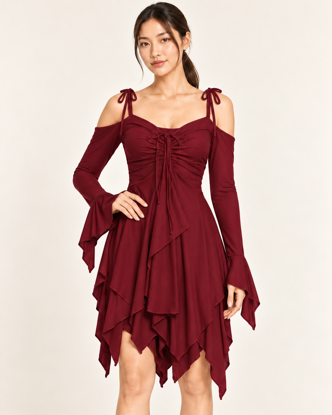Women's Cold-Shoulder Asymmetric-Hem Dress - Wine Red - garment detail