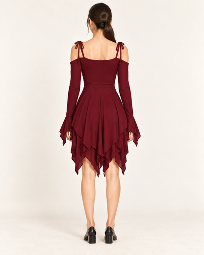 Women's Cold-Shoulder Asymmetric-Hem Dress - Wine Red - full back view