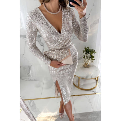Sequin V-Neck Midi Dress – Slim-Fit Elegant A-Line