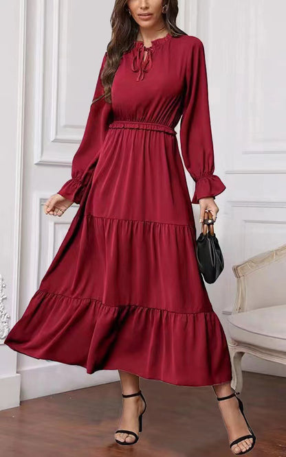 Long Sleeve Solid Color Swing Dress For Women