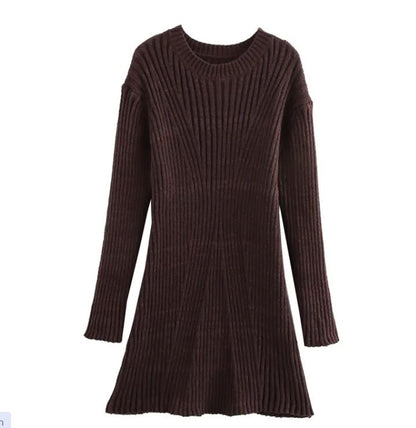 Ribbed Knit A-Line Sweater Dress With Stand Collar