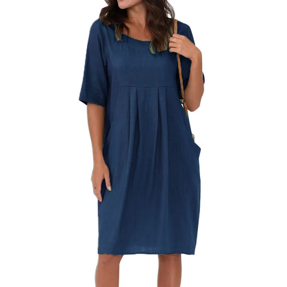 Cotton Linen Casual Midi Dress With Pockets
