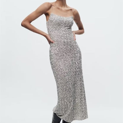 Beaded Sequin Bodycon Dress – Sleeveless Silver Midi