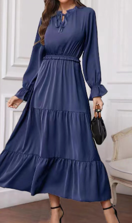 Long Sleeve Solid Color Swing Dress For Women