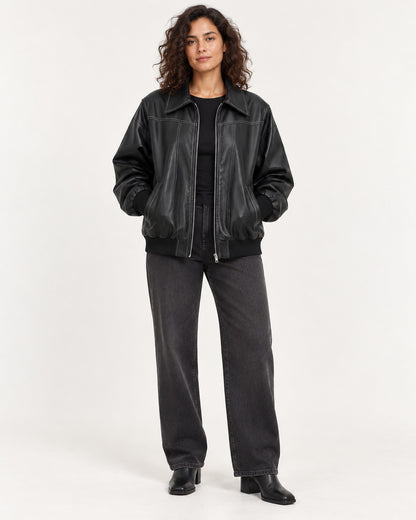 Black Women's Textured Moto Jacket — full-length front view