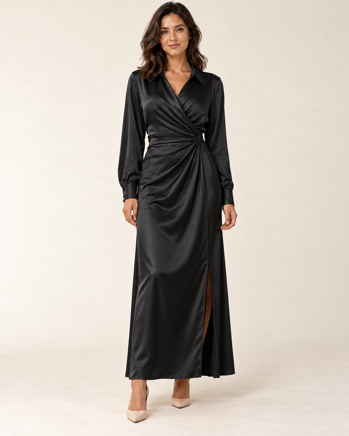 Women's Long Sleeve Side-Slit Maxi Dress — Black — front view