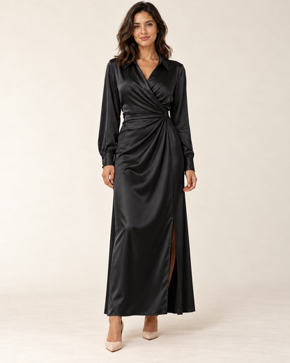 Women's Long Sleeve Side-Slit Maxi Dress — Black — front view