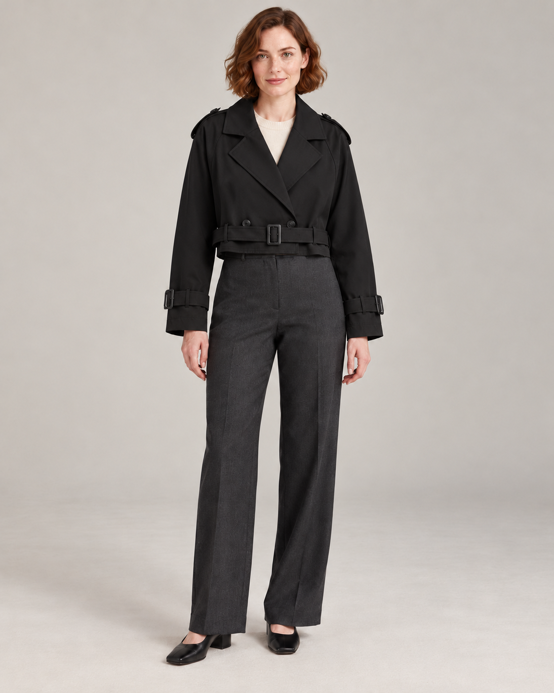 Black trench-style jacket, full-length front view