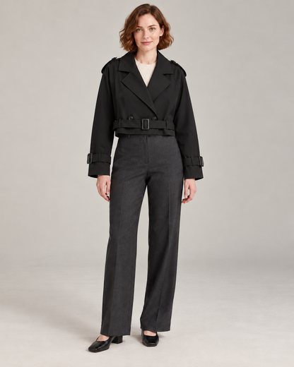 Black trench-style jacket, full-length front view