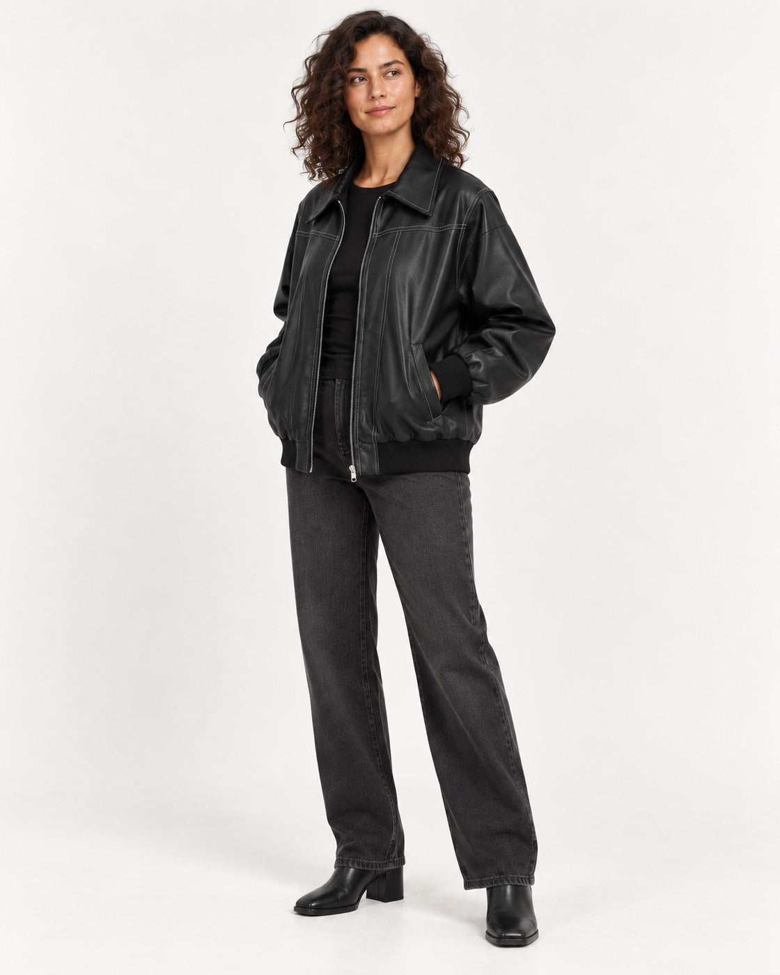 Black Women's Textured Moto Jacket — full-length three-quarter view