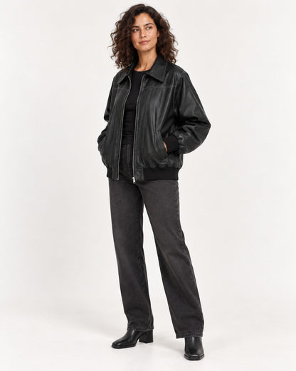 Black Women's Textured Moto Jacket — full-length three-quarter view