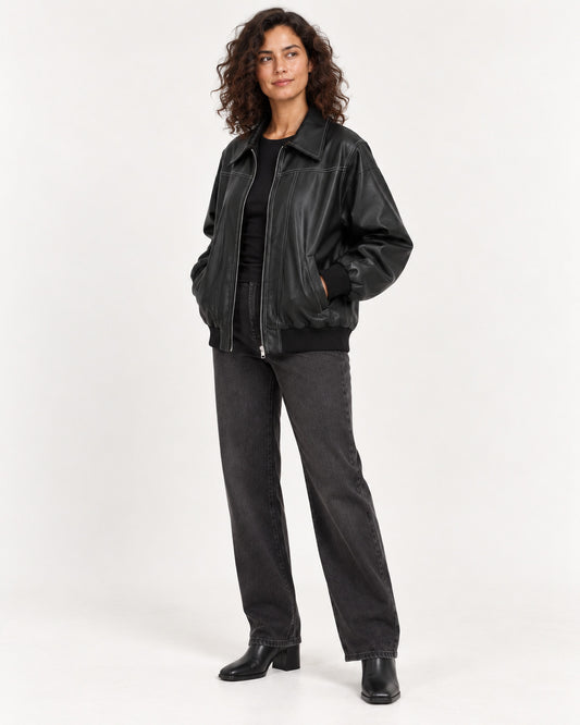 Black Women's Textured Moto Jacket — full-length three-quarter view