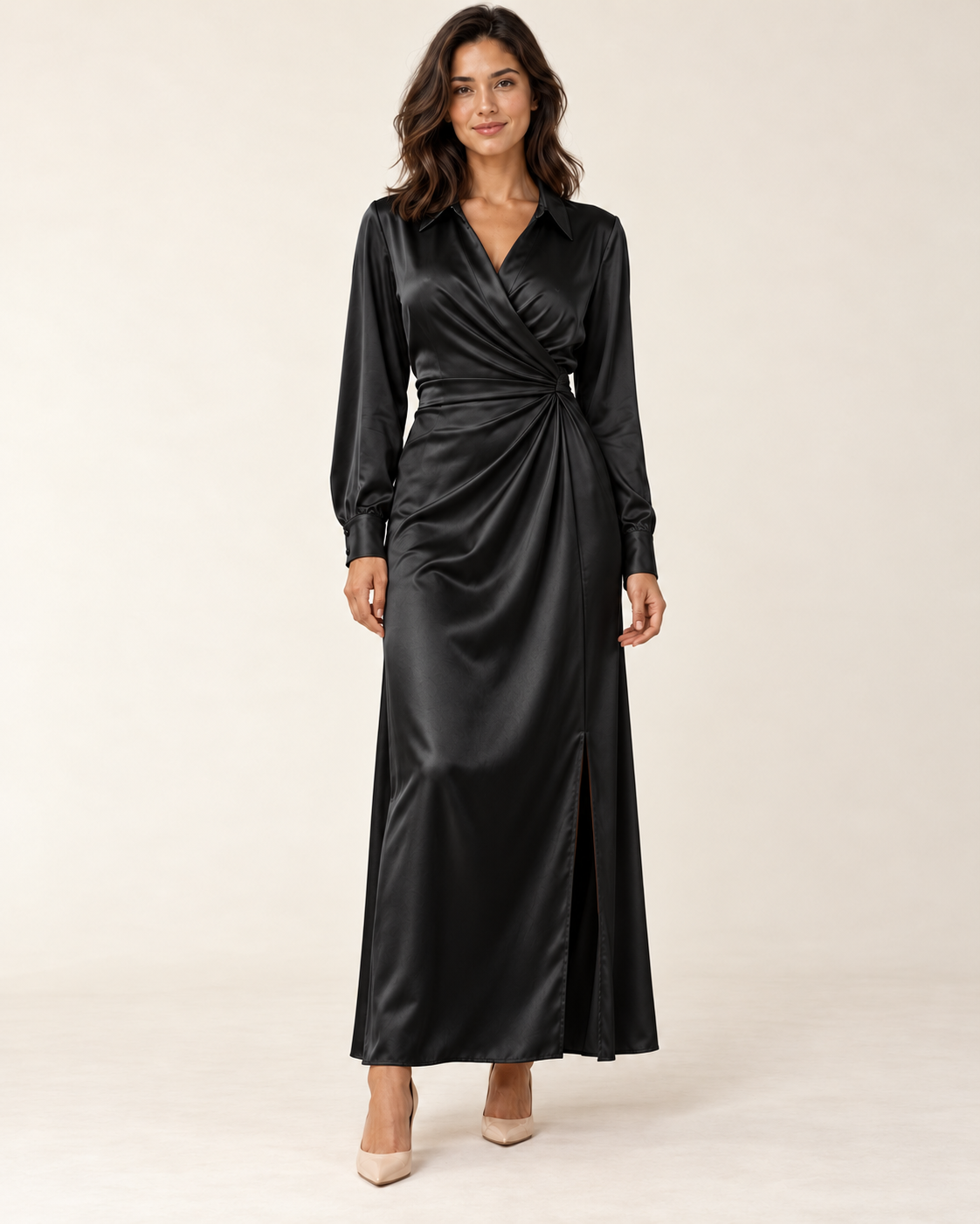 Women's Long Sleeve Side-Slit Maxi Dress — Black — three quarter view