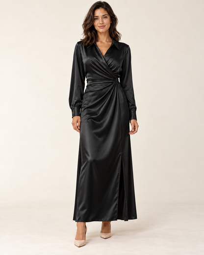 Women's Long Sleeve Side-Slit Maxi Dress — Black — three quarter view