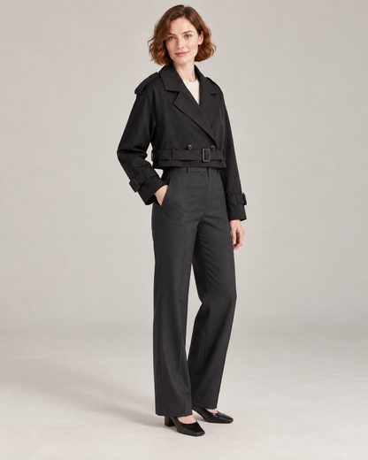 Black trench-style jacket, full-length three-quarter view