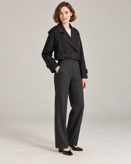 Black trench-style jacket, full-length three-quarter view