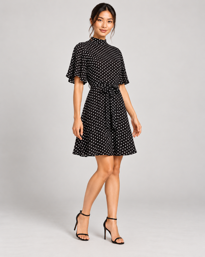 Black dress, full-length three-quarter view