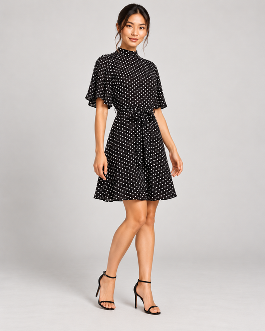 Black dress, full-length three-quarter view