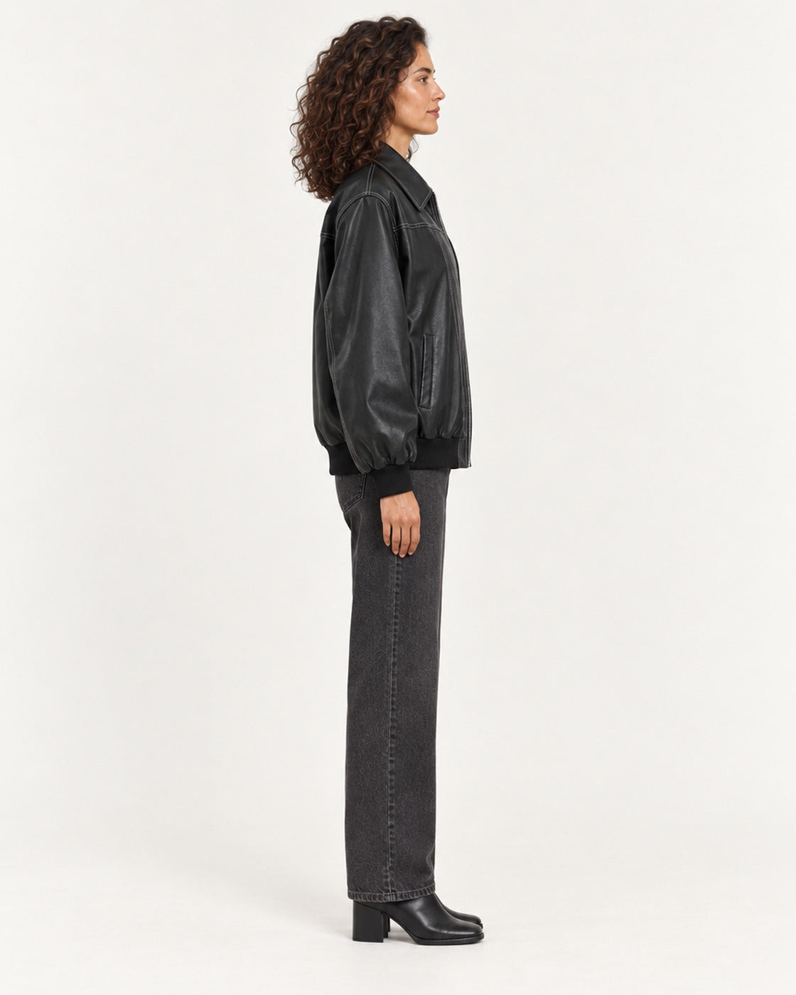 Black Women's Textured Moto Jacket — full-length side view
