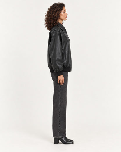 Black Women's Textured Moto Jacket — full-length side view
