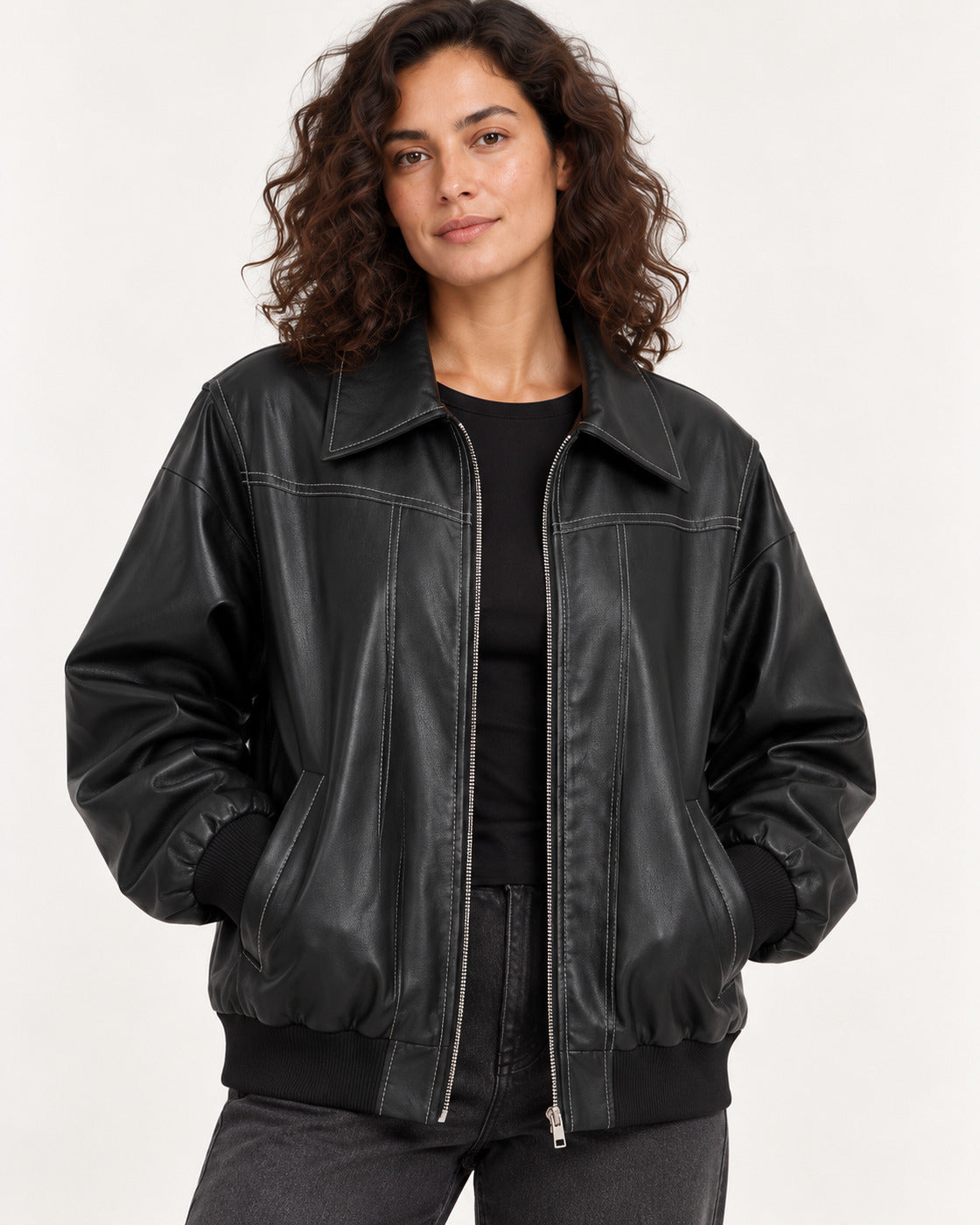 Black Women's Textured Moto Jacket — garment detail close-up