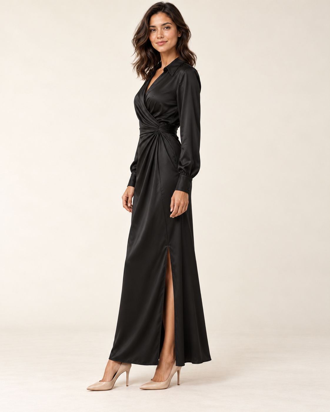 Women's Long Sleeve Side-Slit Maxi Dress — Black — detail view