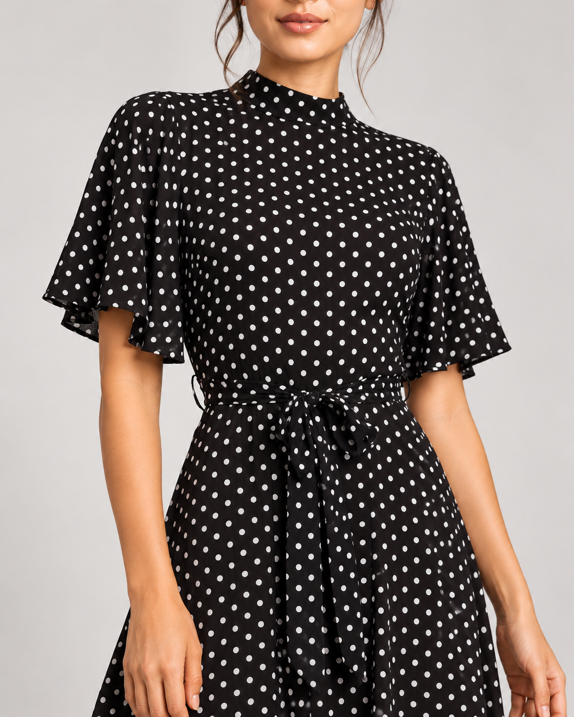 Black dress, neckline, flutter sleeve, polka-dot fabric and waist tie details