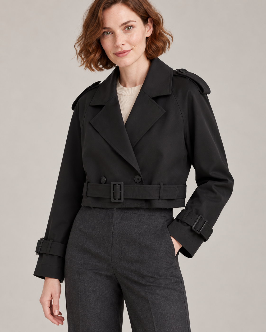 Black trench-style jacket, garment details close-up