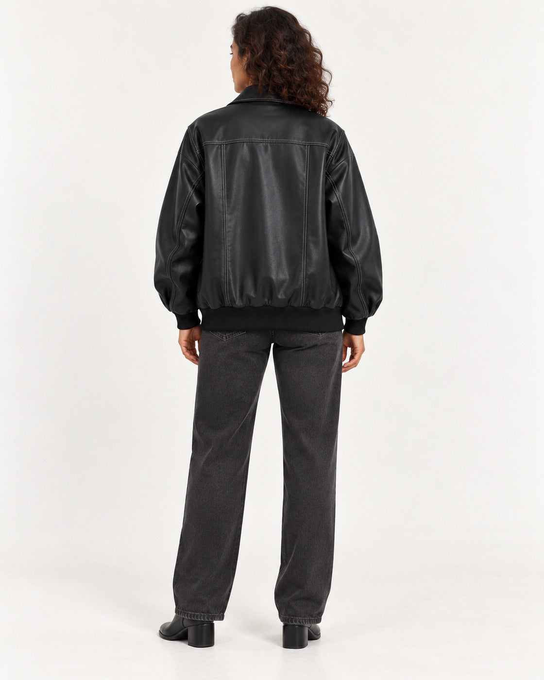 Black Women's Textured Moto Jacket — full-length back view