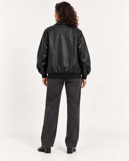 Black Women's Textured Moto Jacket — full-length back view