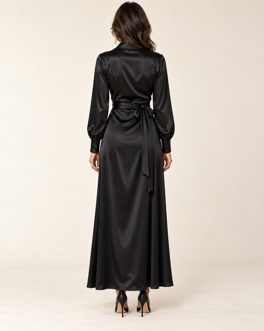 Women's Long Sleeve Side-Slit Maxi Dress — Black — back view
