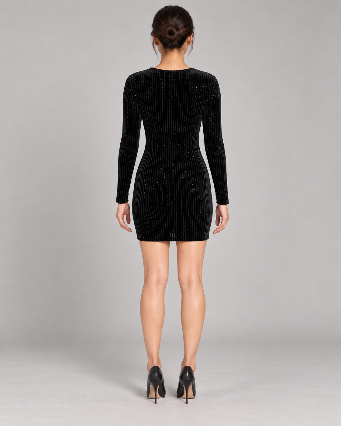 Black textured fitted dress, full-length rear view