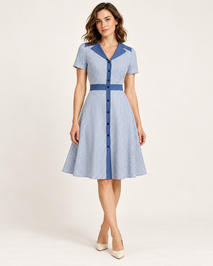 Women's Striped V-Neck A-Line Dress — Blue — front view