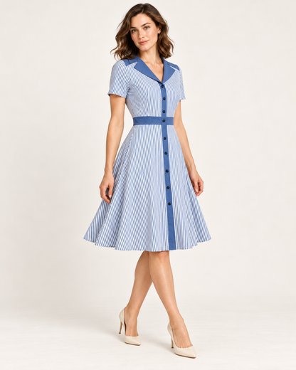 Women's Striped V-Neck A-Line Dress — Blue — three quarter view
