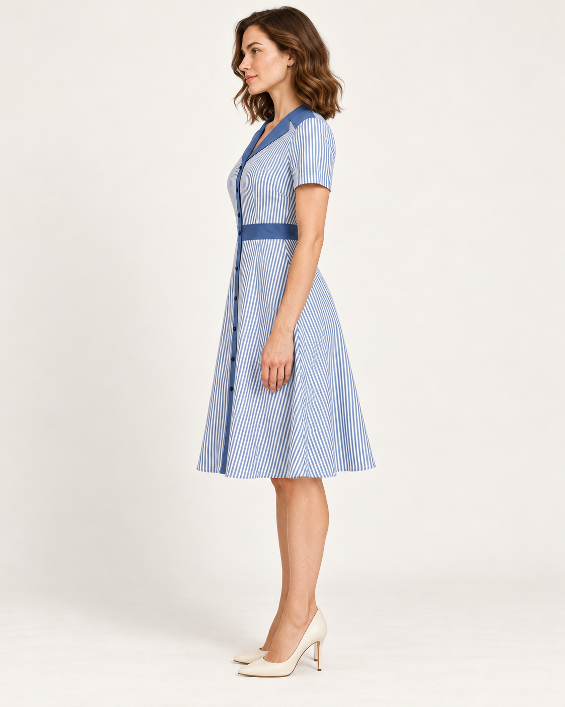 Women's Striped V-Neck A-Line Dress — Blue — side view