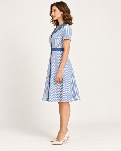 Women's Striped V-Neck A-Line Dress — Blue — side view