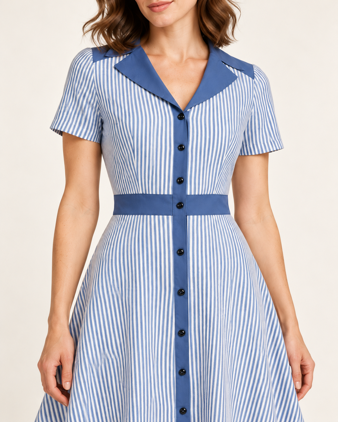 Women's Striped V-Neck A-Line Dress — Blue — detail view