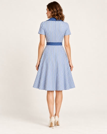 Women's Striped V-Neck A-Line Dress — Blue — back view